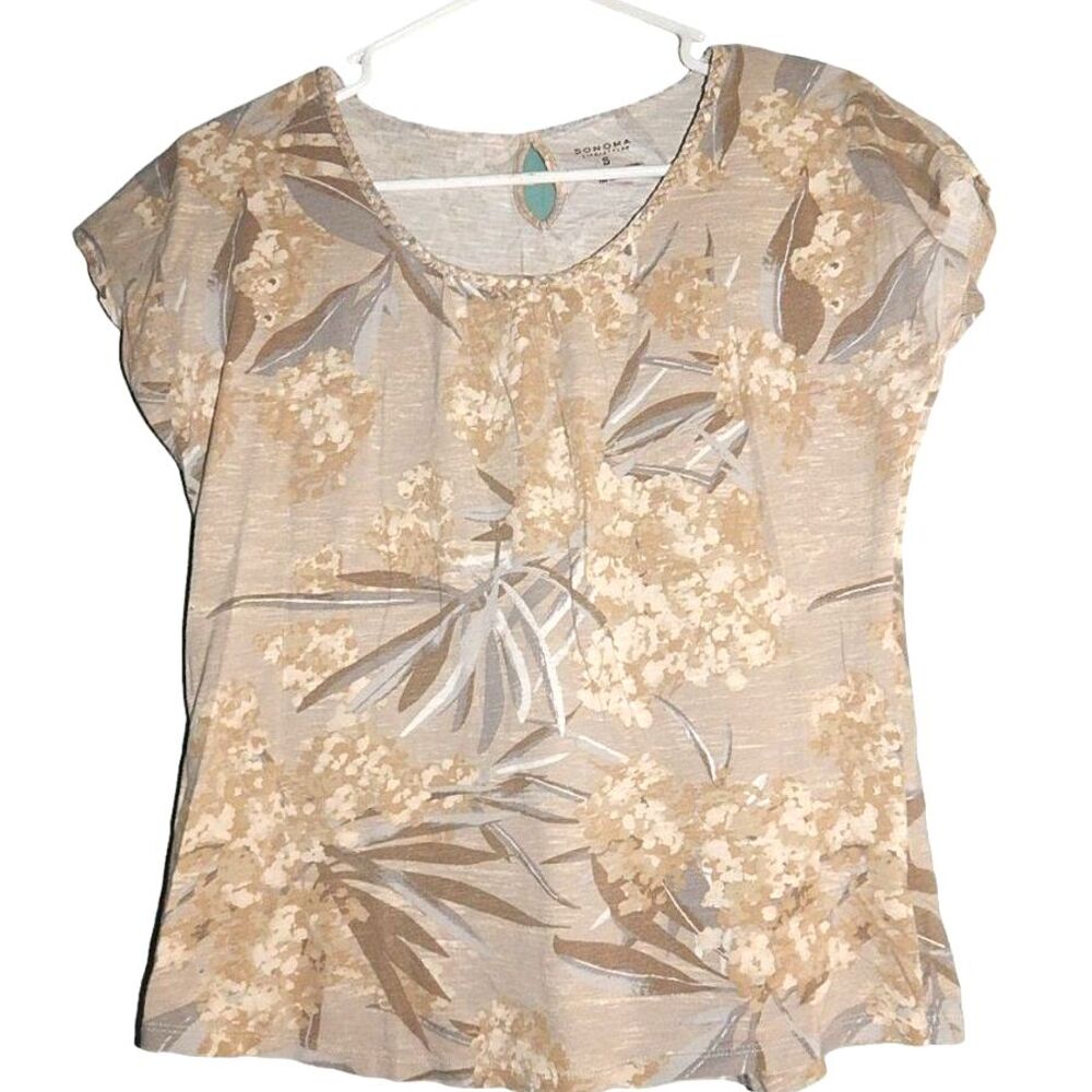 Sonoma Women’s Small Neutral Tan Cream Braided Neckline Keyhole Blouse